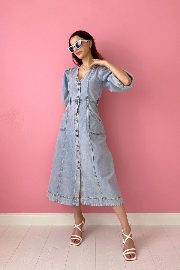 Balloon Sleeve Denim Dress